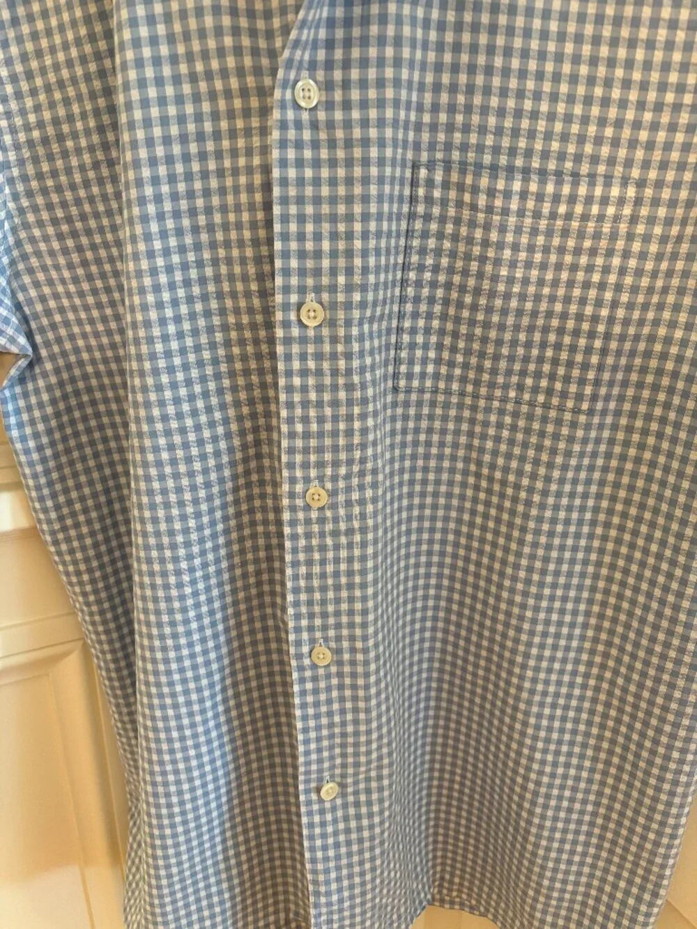 Mason & Sons camp shirt M medium blue and white gingham seersucker James Bond - Picture 2 of 6